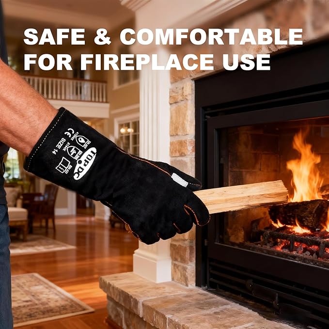 TOPDC Fireplace Gloves 14 Inches Welding Gloves Fire/Heat Resistant Leather Durable & Flexible for Wood Stove Fire Pit Campfire Grill BBQ Oven Mig/Stick Welding Furnace Handling - Christmas Gift, L