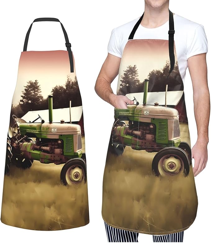 Old Tractor Photo Farm Cooking Aprons for Women Men Waterproof Bib Apron with Pockets Adjustable Kitchen Chef Apron