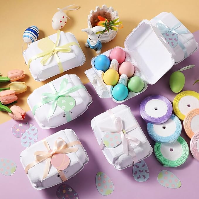 24 Pcs Half Dozen Easter Egg Cartons White Egg Holder Natural Pulp Paper for Chicken Eggs with Macaron Color Label Ribbon for Easter Gift, Arts and Crafts Reusable