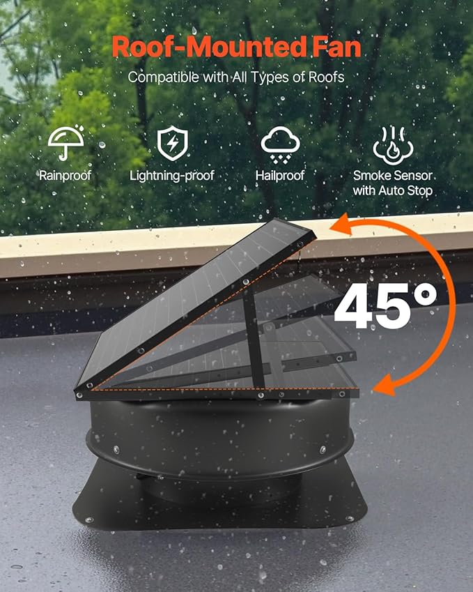 VEVOR 50W Solar Attic Fan, 3000 CFM with Smart Control, Built-in Smoke & Temperature Sensors, Weatherproof & Low-Noise for Roof Ventilation