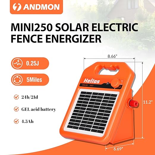 ANDMON MINI250 15 Miles Solar Electric Fence Charger, 0.25 Joule Solar Fence Charger for Livestock, Pigs, Horses, Cattle Sheep, Solar Powered Electric Fence with Day or Night Mode, Easy Installation