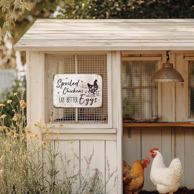 Heuhuww Chicken Coop Decor Sign-Spoiled Chickens Lay Better Eggs-Farmhouse Metal Signs for Chicken Coop Accessories Farm Fence12" x 8"(H13)