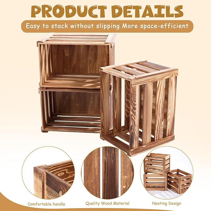 Ripeng 3 Pack Wooden Large Crates Storage Crate Decorative Wood Crates Wooden Storage Container with Handles for Display Decor 15.75 x 11.8 x 10.24 inches
