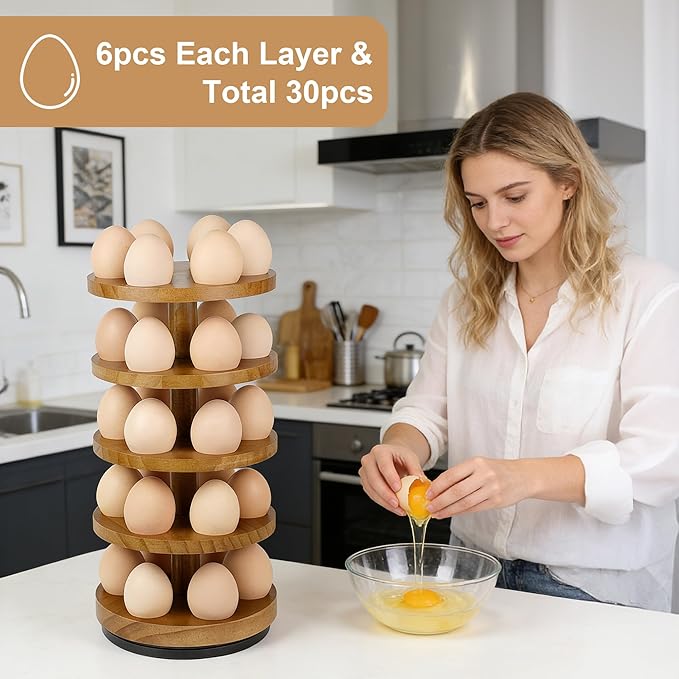 Wooden Fresh Egg Holder Countertop, 5 Layer Rotating Countertop Egg Holder for Fresh Eggs, Stackable with 30 Eggs for Countertop Kitchen-Browm