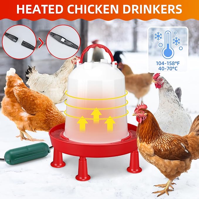 3 Pcs 0.8 Gallon 3l Heated Chicken Waterer Kit, Anti-Freeze Poultry Drinker for Spring Cold Nights with Outdoor Extension Cord Safety Cover, Insulation Tape, Waterer for Small Flocks