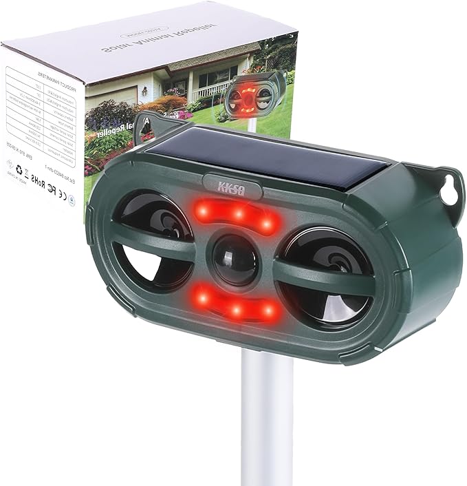 2025 Upgraded Solar Ultrasonic Animal Repellent Outdoor Indoor, Waterproof Motion Activated Deterrent Repel Deer Cat Dog Bird Rabbit Squirrels Raccoon Skunk with Red-White Flash Lights for Garden Yard