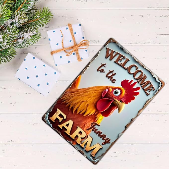 FunnySign Chicken Gifts Rooster Décor Welcome To The Funny Farm Rustic Tin Sign For Home Farm Chicken Coop Decor 8x12 Inch (9705)