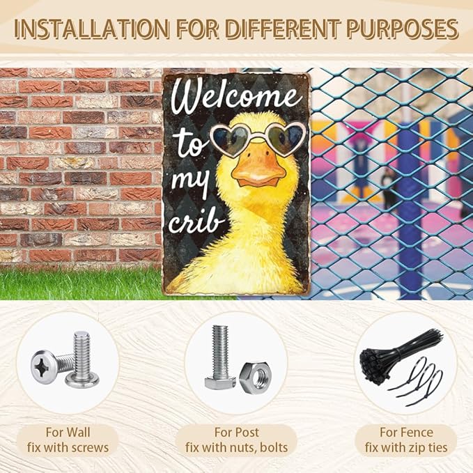 WADORN Welcome to My Crib Metal Tin Sign, 8x12 Inch Funny Duck Retro Tin Sign Novelty Bedroom Home Wall Art Decoration Plaque Gift for Home Dorm Room Porch University Dormitories Bedroom Garden Patio