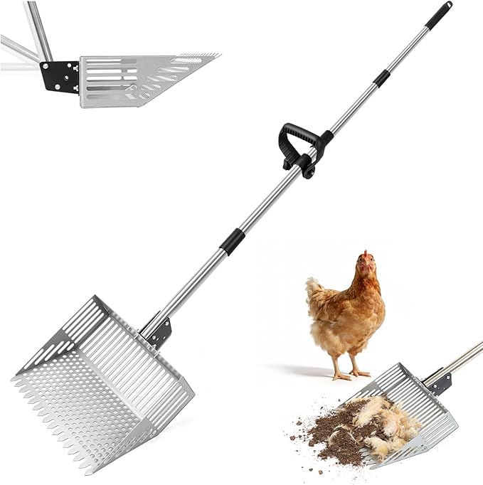 Adjustable Chicken Poop Scooper, 24-70" 4-in-1 Sifting Rake & Shovel, Stainless Steel Cleaner for Chicken Coop, Goat Stall, Rabbit Hutch, Pet Waste Large