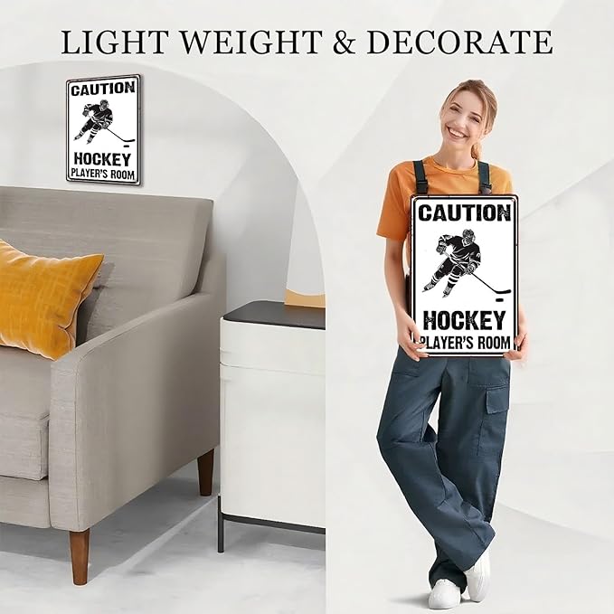 Hockey Metal Tin Sign Caution Hockey Player's Room Vintage Sign for Man Cave Decor Sports Wall Decor Hockey Party Decorations Hockey Fans Sign Front Door Sign 12X16Inch