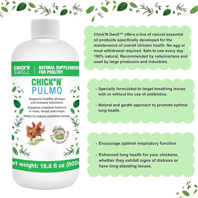 Poultry Respiratory Care Solution for Respiratory Health Maintenance. Chick'n Pulmo from Chick'n Swell for All Poultry of All Ages. 16.8 fl.oz.