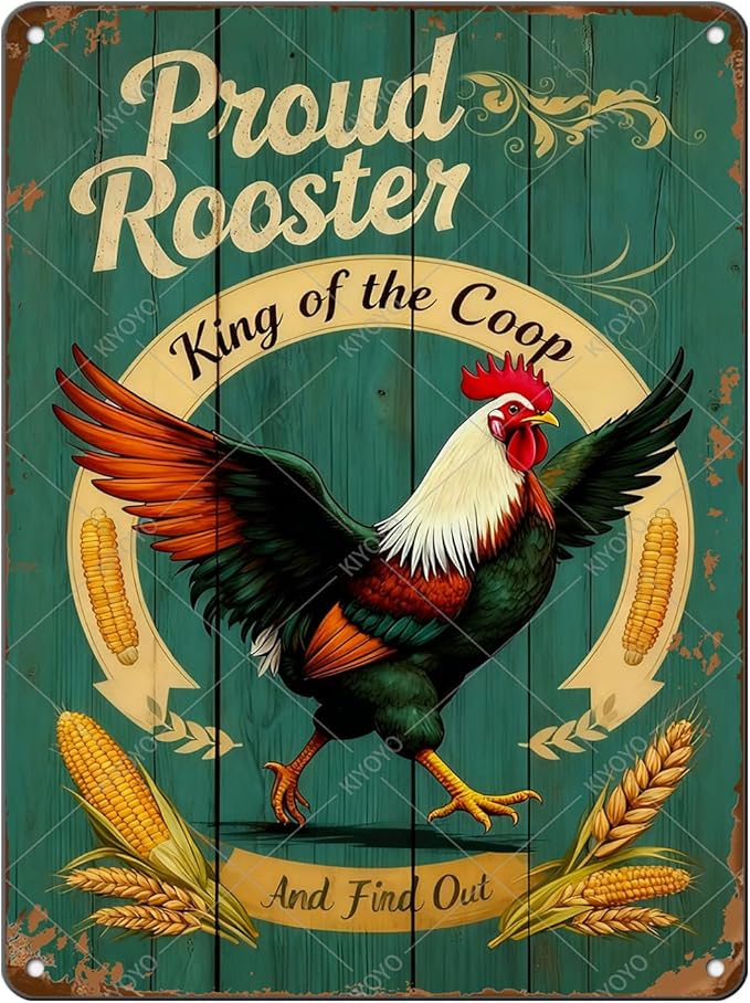 Funny Rooster Sign Pround Rooster King of the Coop Rustic Tin Sign for Home Farm Chicken Coop Decor 16x12 Inch