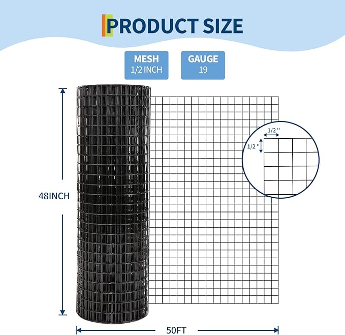 Hardware Cloth 1/2 inch - 48in x 50ft 19GA Black Galvanized Chicken Wire Mesh Roll, Hot-Dipped After Welding for Chicken Coop, Rabbit Cages & Garden Fencing – Poultry Netting & Chicken Wire Fencing