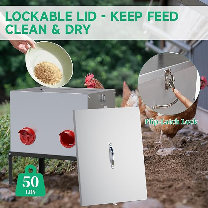 Automatic Chicken Feeder,6 Port Large Chicken Feeder with Raise 40 lb Capacity,Waterproof Galvanized Steel Poultry Feeder with Locking Lid for Chicken Coop