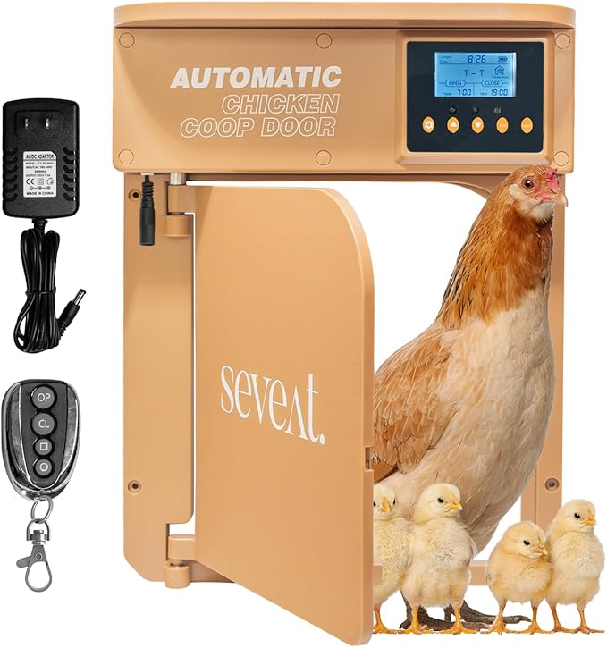 Automatic Chicken Coop Door with Remote Control – 6W Battery Powered, Includes 4×AA Batteries, Auto & Manual Modes, Timing Sensor, 180° Opening/Closing Angle (Light Brown)