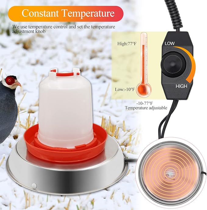 Chicken Waterer Heater,14 Inch Heated Chicken Waterer Base for Winter 5 Gallon with Anti-bite Cable for Poultry Fountains Water Bowl Plastic Metal Waterer