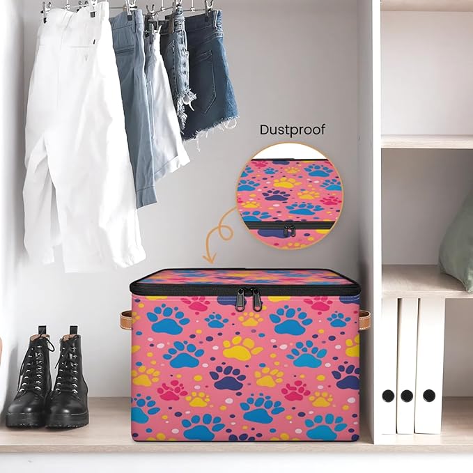Storage Cubes with Lid Fabric Storage Bins Boxes PU Leather Handles, Dog Pet Paw Print Closet Organizer Container Foldable Washable Shelf Cloth Basket, Paw Print Colorful