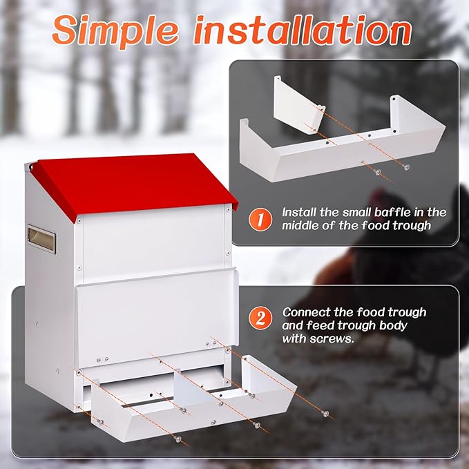 Galvanized Wall Mount Chicken Feeder No Waste Hanging Chicken Feeder with Lid Weatherproof Metal Automatic Poultry Feeder Trough Food Dispenser Mess Free for Duck Geese, Hens, Turkeys Coop