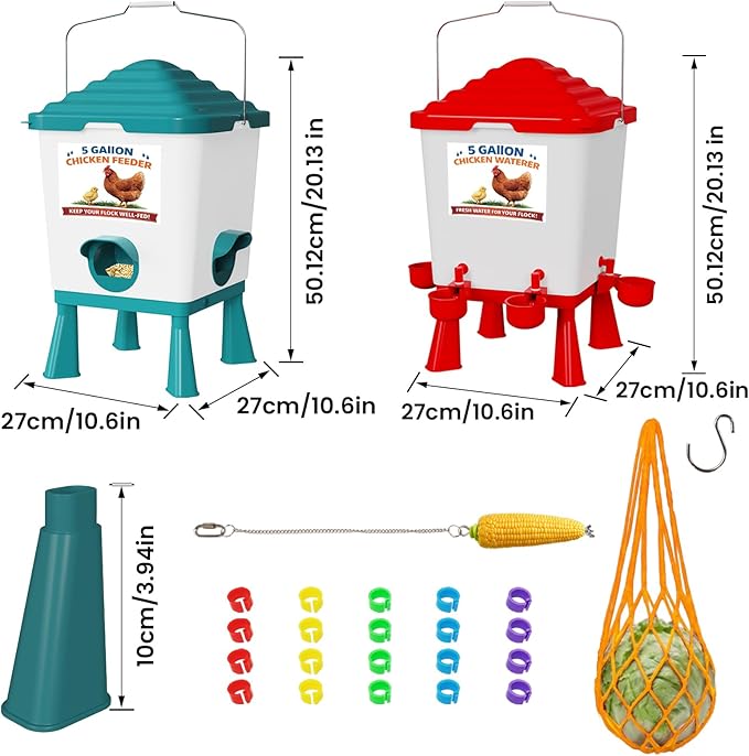 Chicken Feeder and Waterer Set, 5 Gallon Automatic Chicken Waterer with Cups, 40LB Large Chickens Feeders No Waste, Chicken Coop Accessories, Poultry Feeder & Chicken Watering System for Ducks, Quails