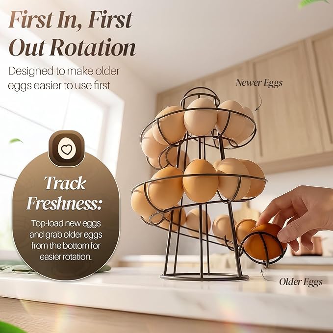 Flexzion Egg Skelter Modern Spiral Egg Holder Countertop (Medium Egg Display) - Freestanding Wired Countertop Egg Holder for Fresh Eggs, Dispenser Stand, Storage Rack for Kitchen, Black