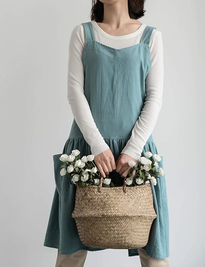 NEWGEM Cotton Linen Cross Back Apron for Women with Pockets for Gardening Cleaning Turquoise with Waist Ties
