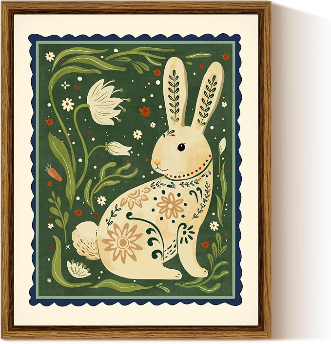 InSimSea Framed Canvas Wall Art for Living Room,Vintage Easter Bunny Decor Room Aesthetic,Neutral Rabbit Painting Picture Easter Decoration,Annimal Painting Pictures for Bedroom Kids Room- 8L x 10W