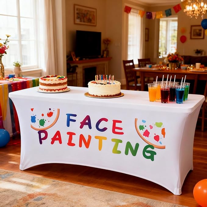 Oudain 6 ft Face Painting Station Tablecloth Stretch Spandex Table Cloth Cover Face Painting Rectangle Table Decor for Party Carnivals Sports Events Outdoor Makeup Business Advertising Supplies