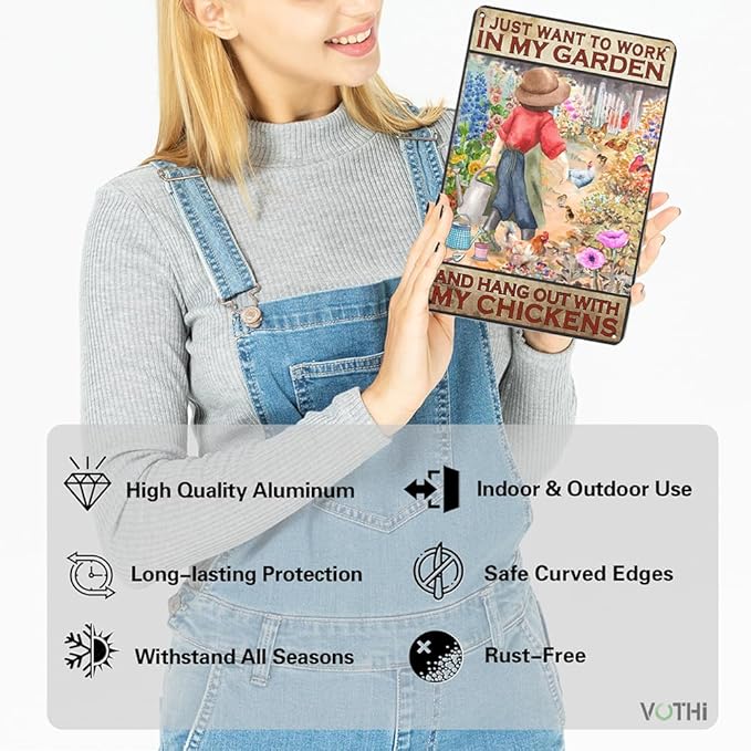 Funny Vintage Chicken Metal Tin Signs;I Just Want To Work In My Garden and Hang Out With My Chickens;for Farmhouse Farm Yard Fence Home Gardening Chicken Coop Sign Outdoor Decor 8x12 In