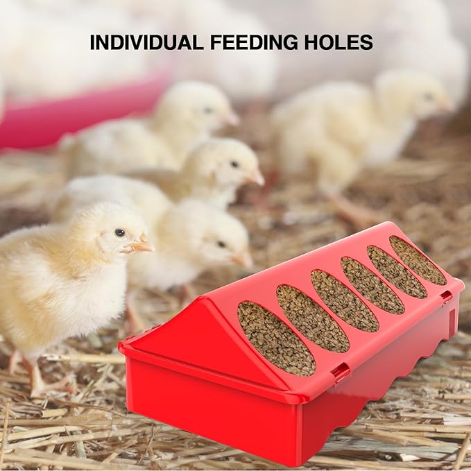 2-Pack Plastic Flip-Top Poultry Feeders, Spill-Proof Chick Feeder Trough with Multiple Feeding Holes, No-Waste Baby Chicken, Duckling, and Quail Feeding Dish Dispenser