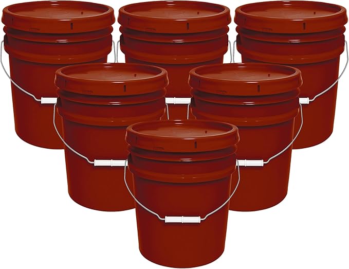 5-Gallon Bucket with Airtight Lid – Made in USA, Food Grade BPA Free Plastic, Heavy Duty Multi-Use, Metal Handle with Grip, Stackable Storage – Burgundy, 6 Pack