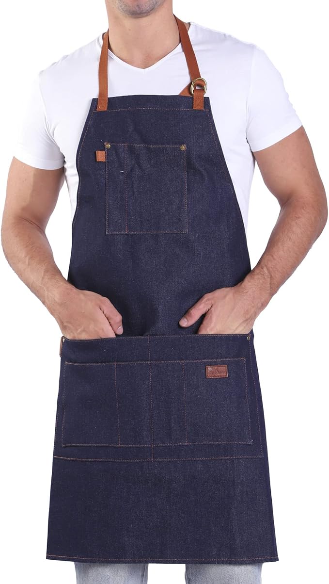 Denim Apron with Pockets Tall Bib Apron Large with Long Ties Adjustable - Gifts for Men Women