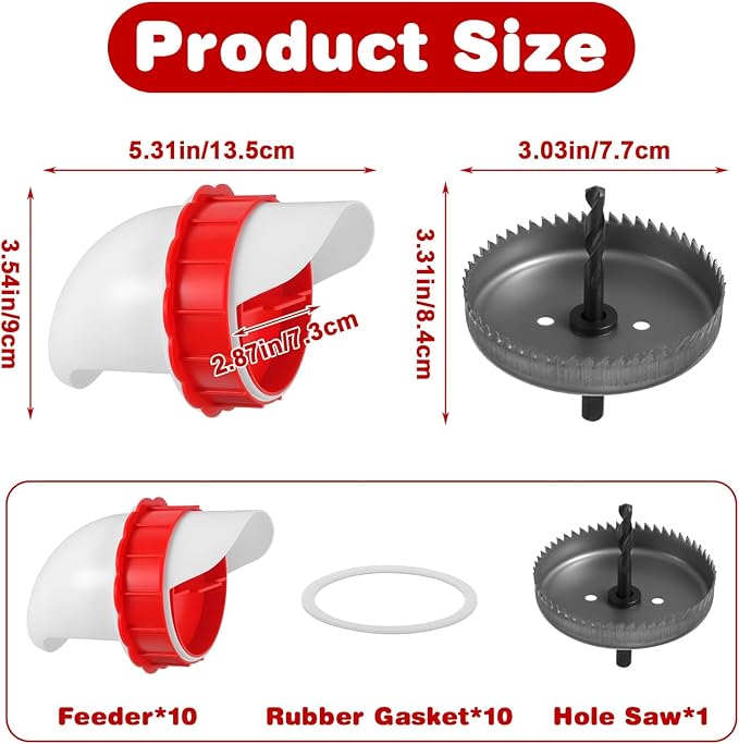 10Pcs DIY Chicken Feeders No Waste, Poultry Feeder with 10 Covers 1 Hole Saw, Waterproof Automatic Gravity Chicken Feeder Kits, Waterer Food Dispenser Set for Buckets Troughs