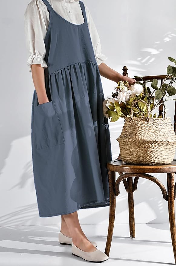 NEWGEM Cotton Linen Cross Back Apron for Women with Pockets Japanese Kitchen Cooking Aprons Blue Grey