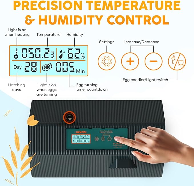 Incubator for Hatching Eggs - Ideal for All Ages - Automatic Turner and Humidity Control - Integrated Candler - 10 Eggs - Okkobi M10 - Green & Orange