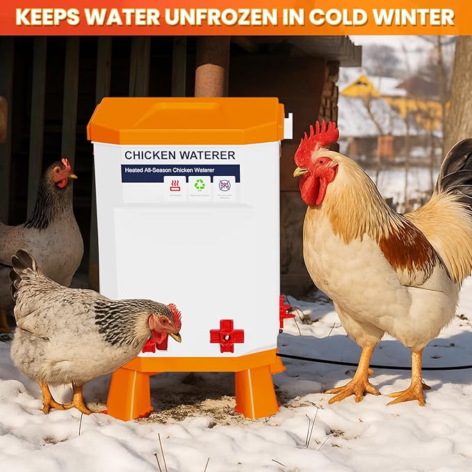 Nexum Heated Chicken Waterer - 3 Gallon Winter-Proof Poultry Drinker with Nipples and Stand, Auto Thermostat for Chickens, Ducks & Quail - Freeze-Resistant, Easy Fill (Orange, 3 Gallon)