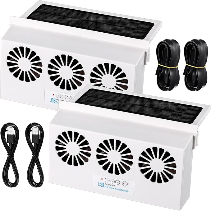 2 Pack Solar Powered Car Exhaust Fan 3 Fans Car Window 4500 RPM Air Vent Radiator Solar Energy Cooling Vent Exhaust for General Types(Rechargeable & Solar 3 Fans,White)