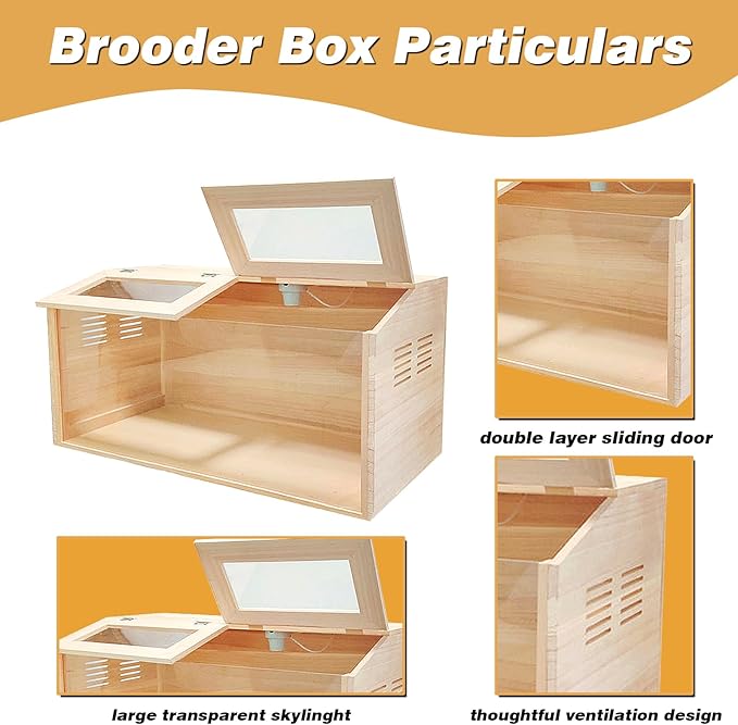 Solid Wood Chicken Brooder Box with Lighting Kit & Thermometer - Indoor Brooding for 25 Chicks (32x16x16) - Ideal for Chickens, Ducks, Quails, Hamsters & Lizards (XL)