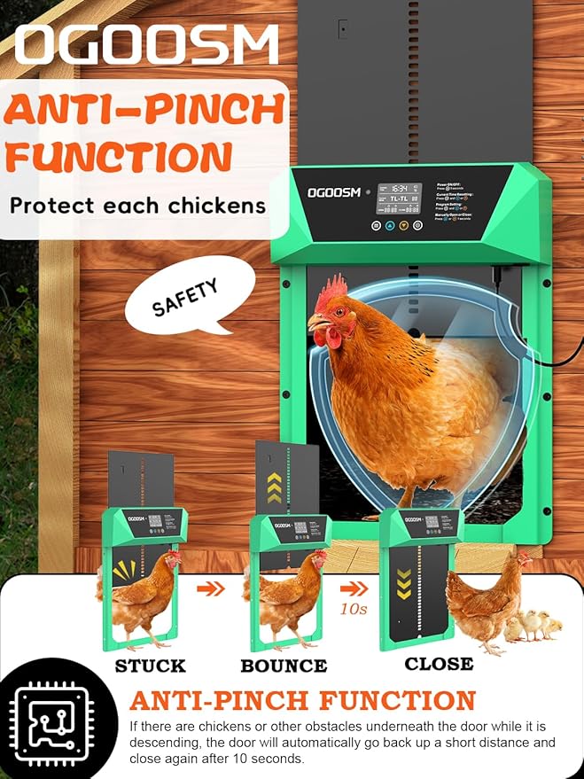 Automatic Chicken Coop Door, Aluminum Automatic Chicken Door with Anti-Pinch Feature, Timer and LCD Display (New-Green)
