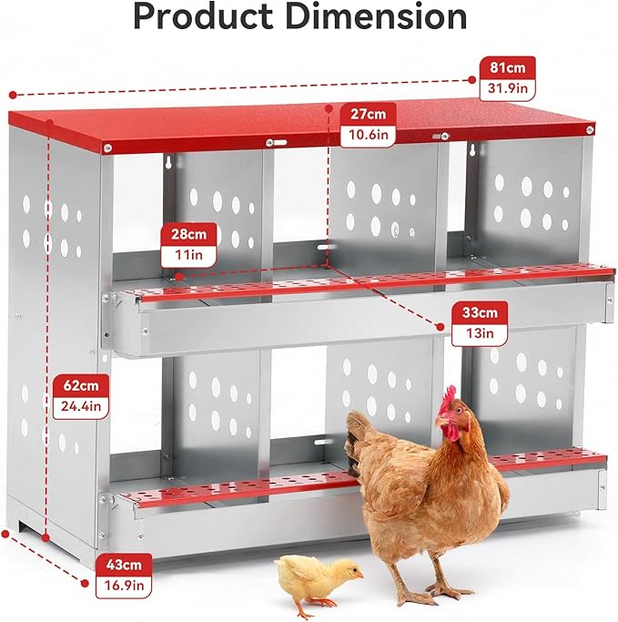 Chicken Nesting Boxes for Chicken Coop, 6 Compartments Wall-mountable Chicken Laying Boxes Easy Egg Collection with Ventilated Design, Weatherproof Galvanized Steel Metal Roosting Boxes