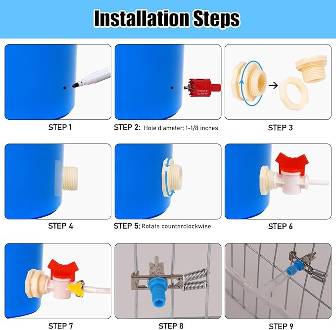 Automatic Rabbit Watering System, Rabbit Waterer Kit System Gravity Fed Include 6 Sets of Nipple Drinkers and 16 Feet of ID 5/16" Hose
