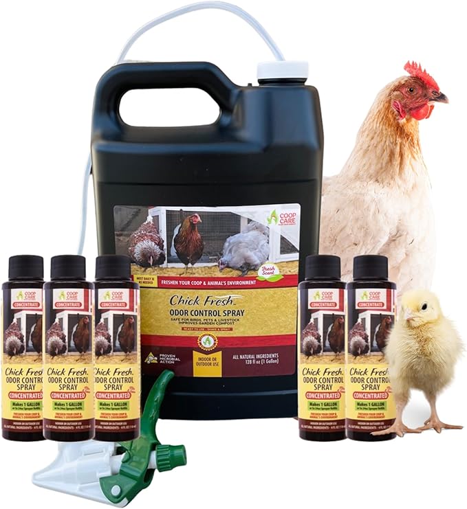 Chick Fresh Odor Eliminator for Backyard Chickens. Makes 1 Gallon of Solution Eliminates Coop, Brooder Odor, Etc. Concentrate w/ 128 oz Empty Sprayer (5 gallons)