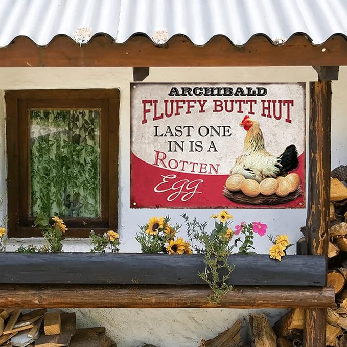 Personalized Fluffy Butt Hut Chicken Coop Sign, Custom Farmhouse Metal Sign with Spoiled Hens Wall Art, Funny Backyard Chicken Decor for Coop, Barn, Farm, Rustic Vintage Style DS5