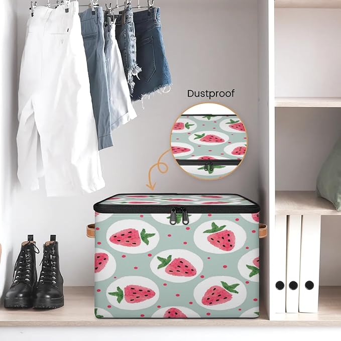 Storage Cubes with Lid Fabric Storage Bins Boxes PU Leather Handles, Strawberry Closet Organizer Container Foldable Washable Shelf Cloth Basket, Fruits Cute