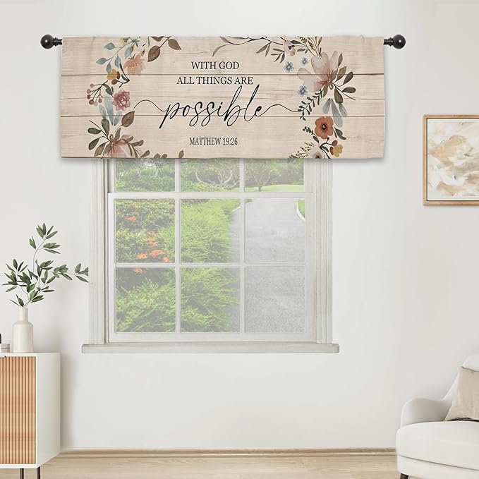 Bible Scripture Quotes Kitchen Curtain Valance 54W x 18L Inch Farmhouse Rustic Flower Country Motivational Religeous Rod Pocket Short Cafe Small Window Treatment Drapes Decor