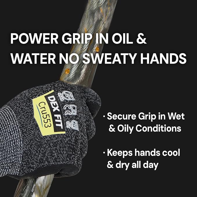 DEX FIT Level 5 Cut Resistant Gloves Cru553, 3D-Comfort Fit, Firm Grip, Thin & Lightweight, Touch-Screen Compatible, Durable, Breathable & Cool, Machine Washable; Black Grey M (8) 3 Pairs