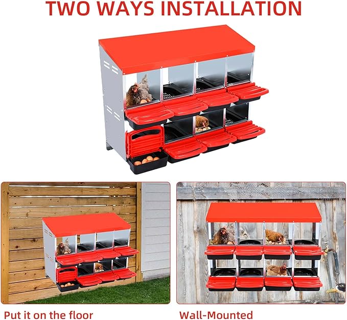 8-Compartment Heavy Duty Roll-Away Metal Chicken Nesting Box – Rustproof, Ventilated Hen Egg Collection System with Lid Cover & Swing Perch, Easy Clean, Red, No Bracket
