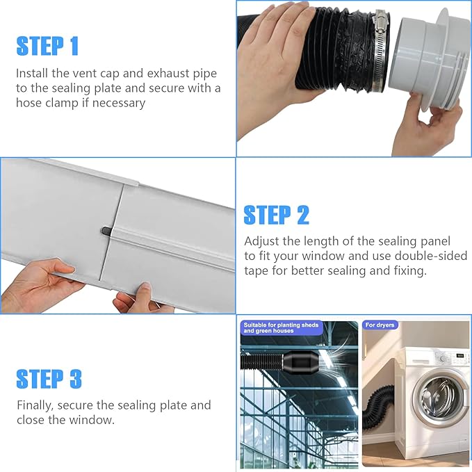 Dryer Vent Window Vent Kit with 4" Hose, Adjustable Window Vent Kit with 4 Inch 5FT Dryer Vent Hose and 4", 5'' Couplers For dryer, HVAC Ducts, Ducted Fans, Portable AC Or Dryers in Homes, Grow Tents