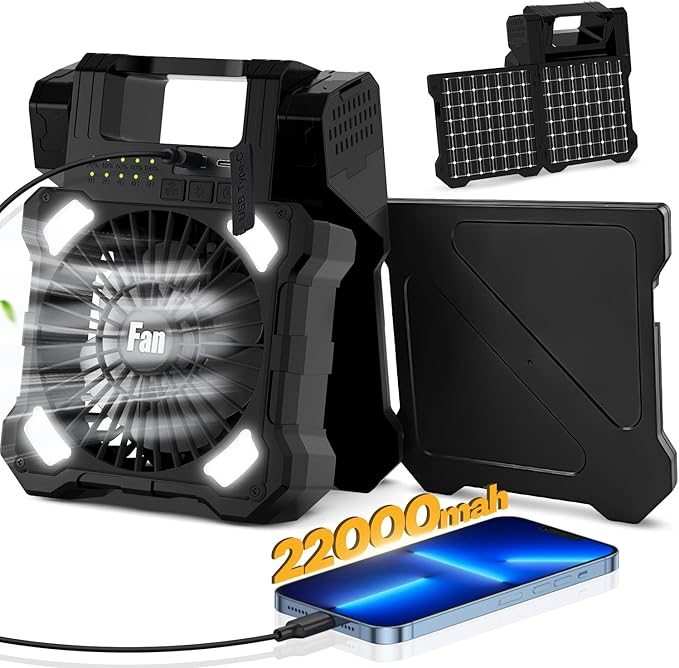 22000mAh Camping Solar Fan, Dual-Panel Rechargeable Solar Powered Fan with LED Light, 5 Adjustable Speeds Battery Powered Portable Fans, USB-C Fans for Travel Tent Home Camping Accessories