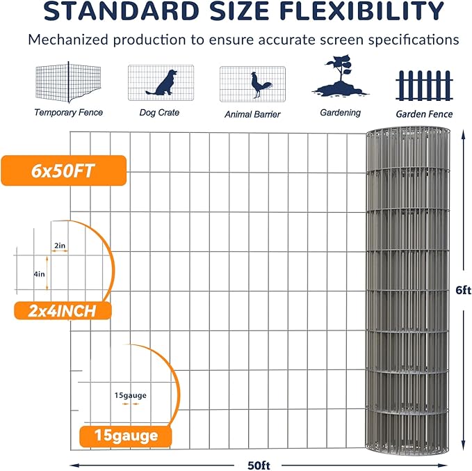 6'×50' Welded Wire Mesh,Galvanized Chicken Wire Fencing 2'' X 4'' 15GA, Garden Decorative Fence for Chicken Coop Barrier, Rabbit Snake Fences, Poultry Enclosures