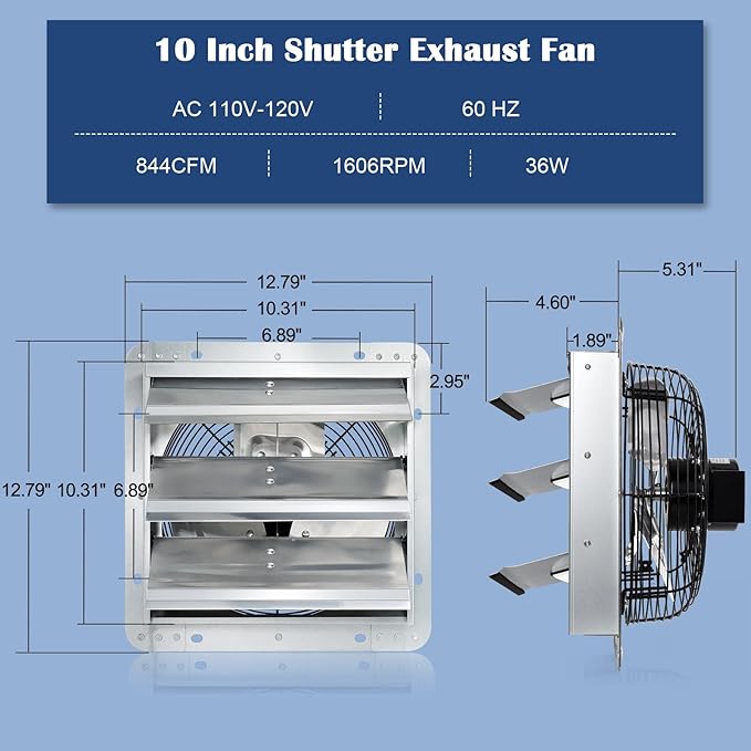 Hiorucet 10 Inch Wall Mounted Shutter Exhaust Fan with Thermostat and Speed Controller for Garage, Greenhouse, Shop, Attics, Chicken Coop, Shed, Basement, 844CFM 1606RPM Low Noise Louvered Exhaust Fan